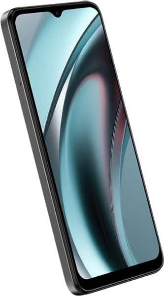 BLU View 5 smartphone, black frame, slim bezels, large screen with blue-gray abstract graphics shown from a front-side angle.