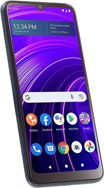BLU View Speed 5G smartphone front view, displaying purple wallpaper with time, search bar, and app icons including Phone, Messages, Chrome, and Google apps