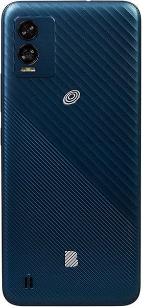 BLU View Speed 5G rear view, dark blue phone with diagonal stripe pattern and dual camera setup