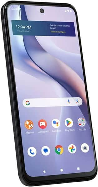 BLU View Speed Ultra smartphone, front view, displaying home screen with time, weather widget, and app icons including Google search, phone, and camera apps