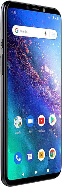 BLU Vivo Go smartphone displayed front-on, showing blue starry wallpaper, Google search bar, and home screen app icons