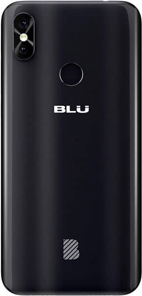 BLU Vivo Go rear view, black smartphone with dual camera and fingerprint sensor