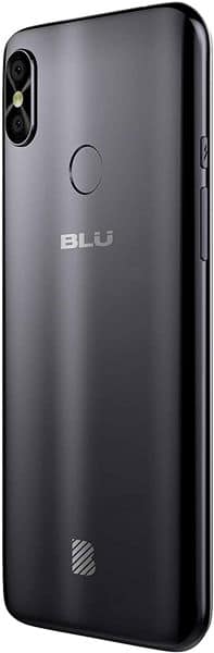 BLU Vivo Go rear view, black smartphone showing dual rear cameras and fingerprint sensor