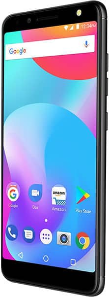 BLU Vivo One front view displaying colorful home screen with Google search bar, app icons, and navigation buttons