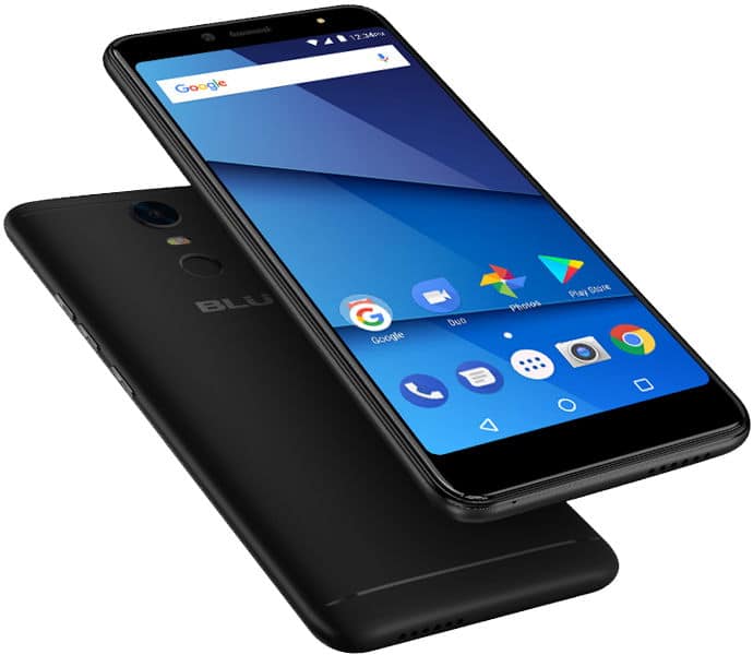 BLU Vivo One Plus front and rear view, black smartphone with blue home screen displaying Google search bar and app icons