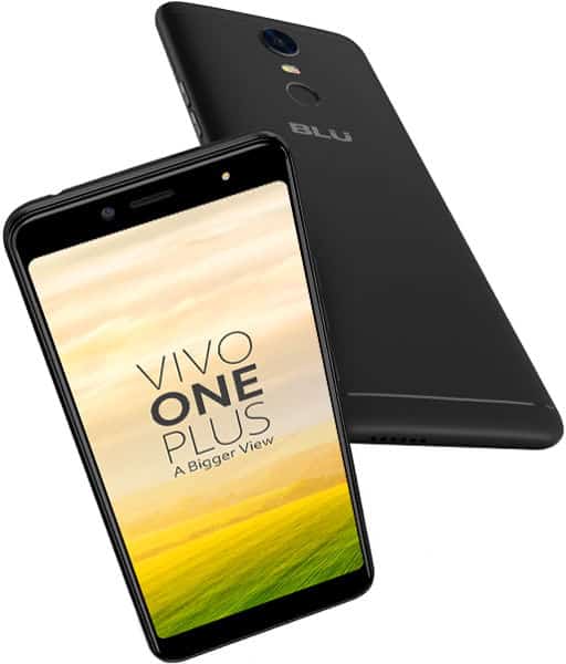 BLU Vivo One Plus smartphone shown front and rear views, black finish, displaying startup screen with "Vivo One Plus" text and tagline
