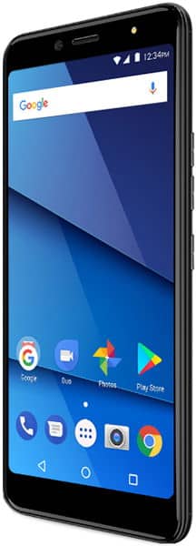 BLU Vivo One Plus smartphone displaying home screen with Google search bar and app icons, front view