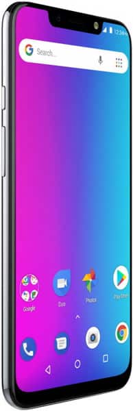 BLU Vivo One Plus (2019) front view with gradient magenta-to-blue display showing home screen and apps