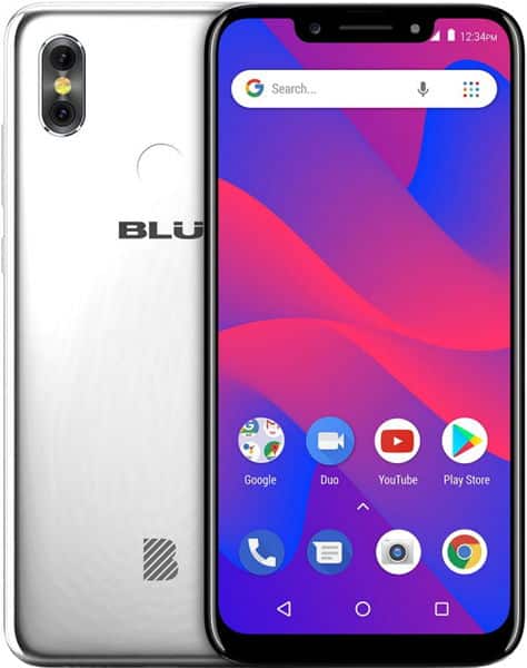 BLU Vivo One Plus (2019) front view, white phone with dual rear camera, colorful gradient display showing home screen with app icons