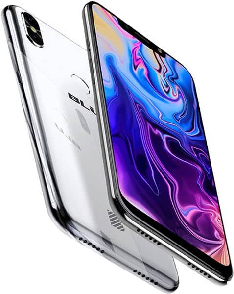 BLU Vivo One Plus (2019) shown from front and rear, with colorful abstract display and white back panel