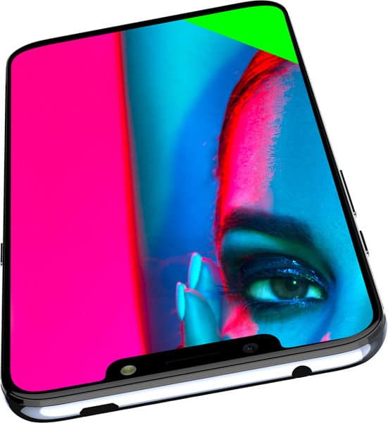 BLU Vivo One Plus (2019) front view with colorful abstract display showing vibrant magenta, cyan, and blue gradient with an eye graphic