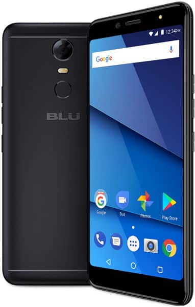 BLU Vivo One Plus smartphone shown front and back, black, with blue display showing Google search bar and app icons