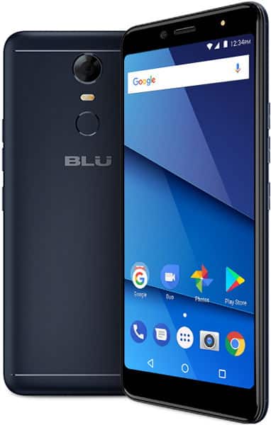 BLU Vivo One Plus front and rear view, dark blue smartphone with Google search bar and app icons on screen