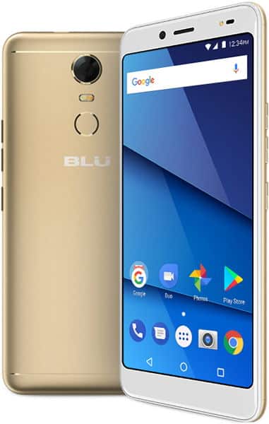 BLU Vivo One Plus smartphone shown front and back, gold finish, displaying home screen with Google search bar and app icons