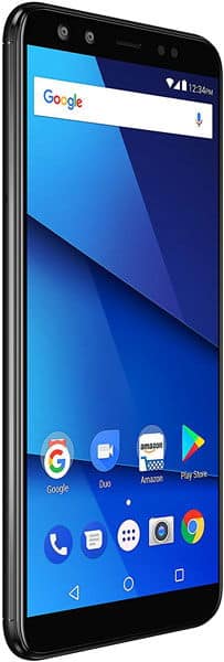BLU Vivo X front view showing blue wallpaper, Google search bar, and home screen apps including Phone, Contacts, and Play Store