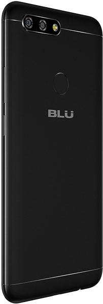 BLU Vivo X rear view, showing black back panel with triple camera setup, fingerprint sensor, and BLU logo