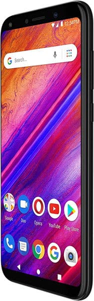 Black BLU Vivo X5 smartphone front angled view, home screen on with colorful wallpaper and Google, YouTube, Play Store icons.