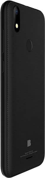 BLU Vivo X5 in black, rear side angle showing single camera with flash, fingerprint sensor, and stitched edge detailing.