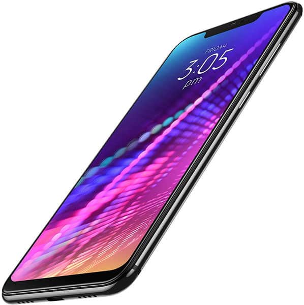 BLU Vivo XI+ smartphone displayed at an angle, showing front screen with colorful gradient wallpaper and time display
