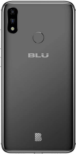 BLU Vivo XI+ rear view, black phone with dual camera and fingerprint sensor visible