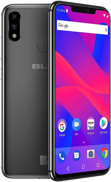 BLU Vivo XI+ smartphone displayed front and back, showing colorful gradient screen with apps and dual rear cameras on black body