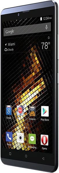 BLU Vivo XL front view with screen displaying weather, apps, and colorful grid wallpaper