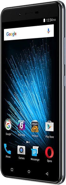 BLU Vivo XL2 smartphone, front view, displaying Google search bar and home screen with app icons on blue digital background