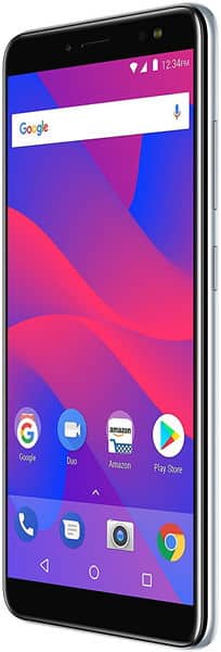 BLU Vivo XL3 front view with colorful purple and pink gradient display, Google search bar, and app icons including Phone, Messages, Camera, and Play Store
