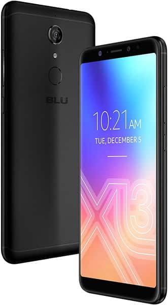 BLU Vivo XL3 Plus front and rear view, black smartphone with gradient display showing time and date
