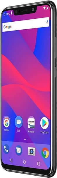 BLU Vivo XL4 front view with colorful purple, pink, and blue gradient display showing home screen and apps