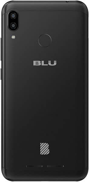 BLU Vivo XL4 rear view, black phone with dual camera and fingerprint sensor