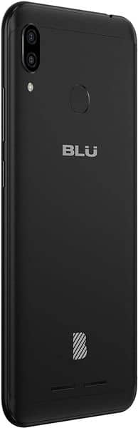 BLU Vivo XL4 rear view showing black finish with dual camera, fingerprint sensor, and BLU logo