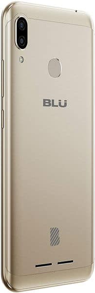 BLU Vivo XL4 rear view, showing dual camera, fingerprint sensor, and gold finish