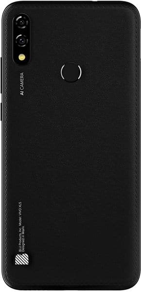 Rear view of black BLU Vivo XL5 showing dual vertical cameras, top-center fingerprint sensor, and lower left branding.