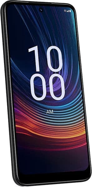 Boost Celero 5G (2024) front view, displaying colorful blue and orange wave pattern on screen with 10:00 AM time