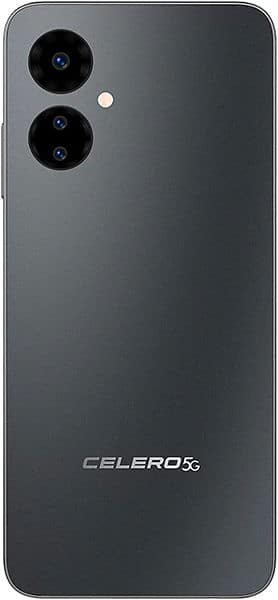 Boost Celero 5G rear view, showing dark gray back panel with dual circular camera lenses and white accent