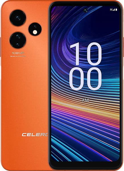 Boost Celero 5G+ (2024) smartphone in orange, rear view showing triple camera setup and colorful abstract wallpaper on display