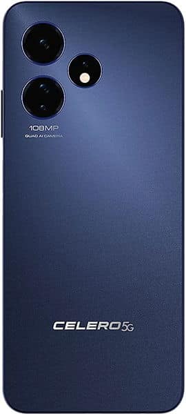 Boost Celero 5G+ rear view, dark blue phone with triple camera array and 108MP label visible