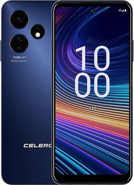 Boost Celero 5G+ (2024) front and back views. Dark blue phone with triple rear camera setup and 108MP label, displaying colorful digital wallpaper on screen