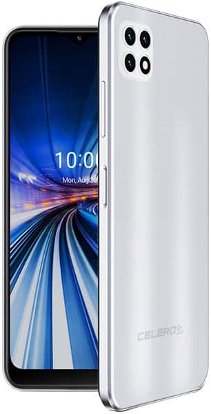 Boost Celero 5G smartphone in white, front and rear view showing quad camera setup and display with time 10:00