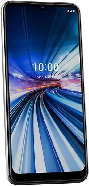 Boost Celero 5G smartphone front view, displaying colorful motion streaks on screen at 10:00