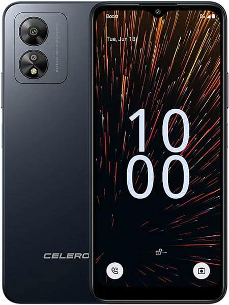 Boost Celero5G SC front view, dark gray phone with dual rear cameras and display showing time 10:00