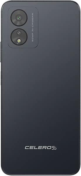 Boost Celero5G SC rear view showing dual-lens camera setup and "CELERO 5G" branding on dark gray back panel