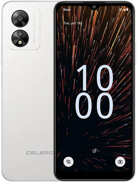 Boost Celero5G SC in white, front view, showing dual rear cameras and display with time 10:00