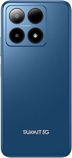 Boost Summit 5G smartphone rear view in blue, showing quad camera setup with "SUMMIT 5G" branding