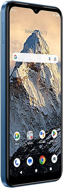 Boost Summit 5G phone front view, blue, displaying home screen with mountain wallpaper and app icons