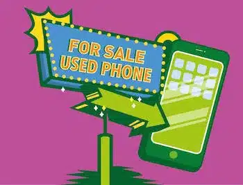 Retro neon sign with "for sale used phone" text and green smartphone illustration on pink background