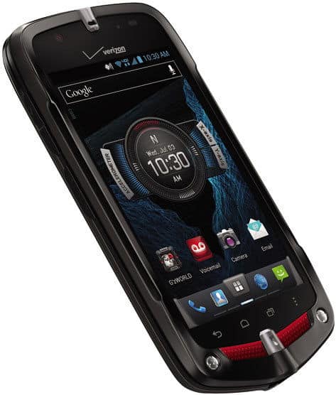 Front view of black Casio G’zOne Commando 4G LTE; screen on, red/silver accents, showing time, date, and main app icons.