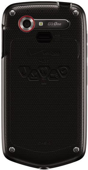 Rear view of black Casio G’zOne Commando 4G LTE showing camera, flash, textured back, icons, and Verizon branding.