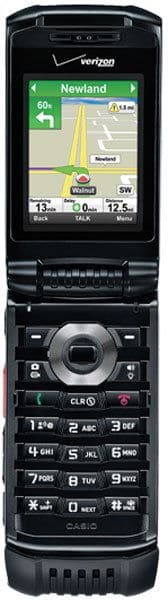 Casio G'zOne Ravine 2 front view, open with navigation map displayed on screen and numeric keypad visible below